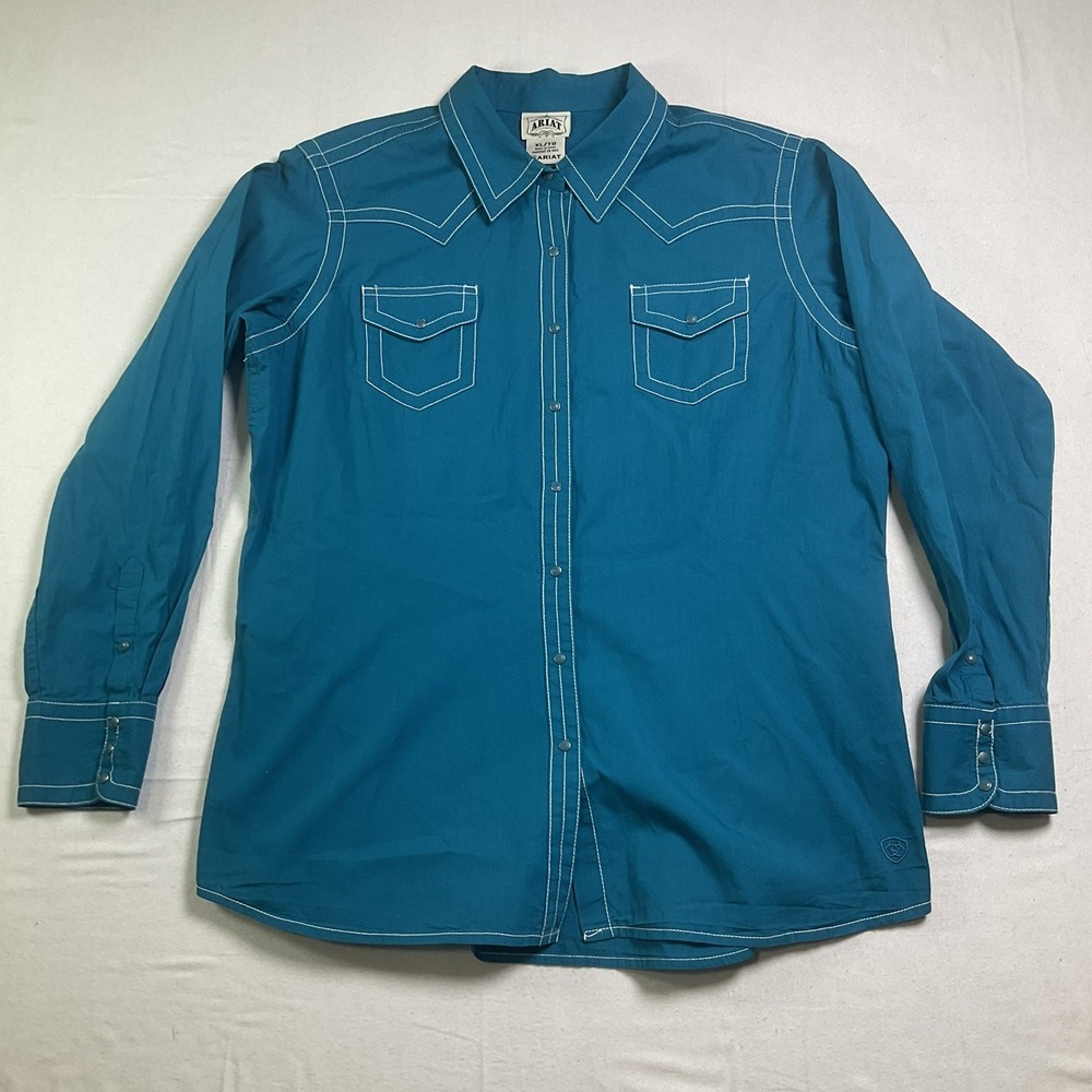 Ariat Western Pearl Snap Shirt Teal Rodeo White Stitching Women's XL Classic 621